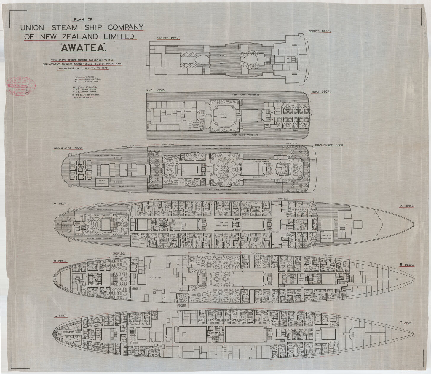 TSS Awatea, sports, boat, pomenade, "A", "B", "C" decks