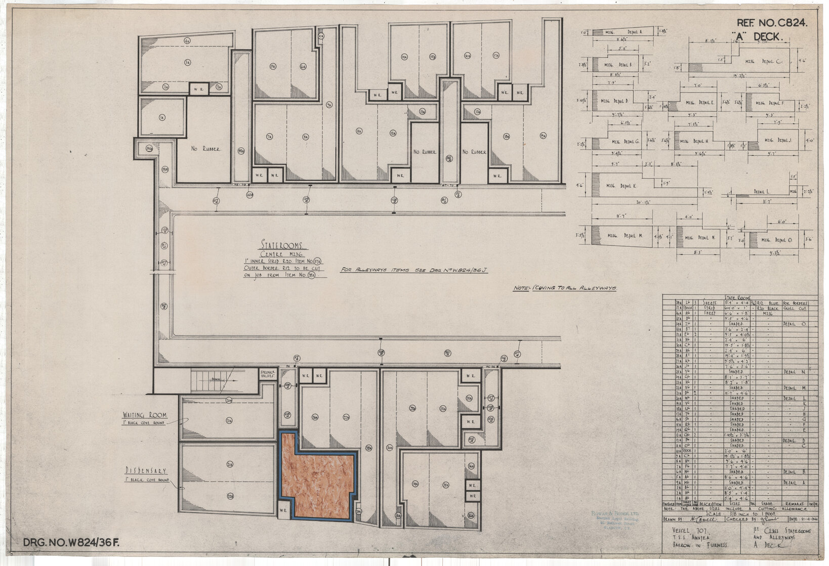 TSS Awatea, 1st class staterooms and alleyways, A deck 
