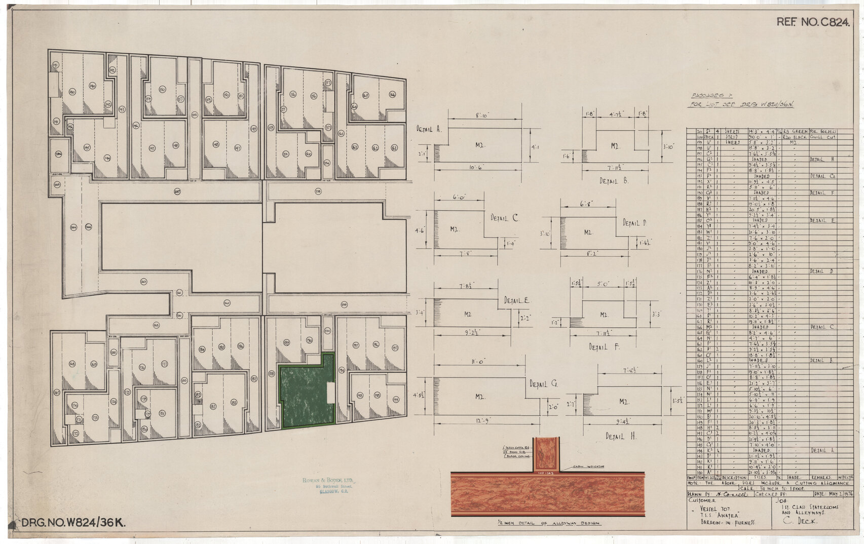 TSS Awatea, 1st class staterooms and alleyways, C deck