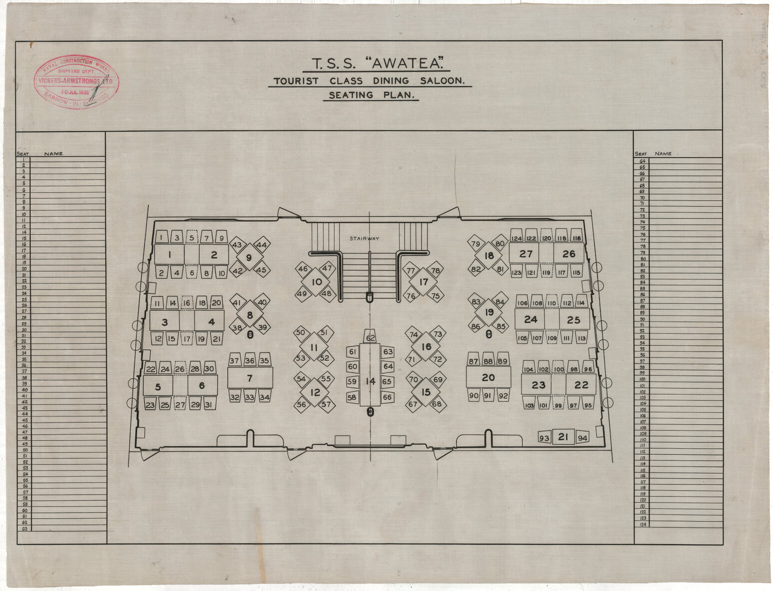 TSS Awatea, tourist class dining saloon seating plan