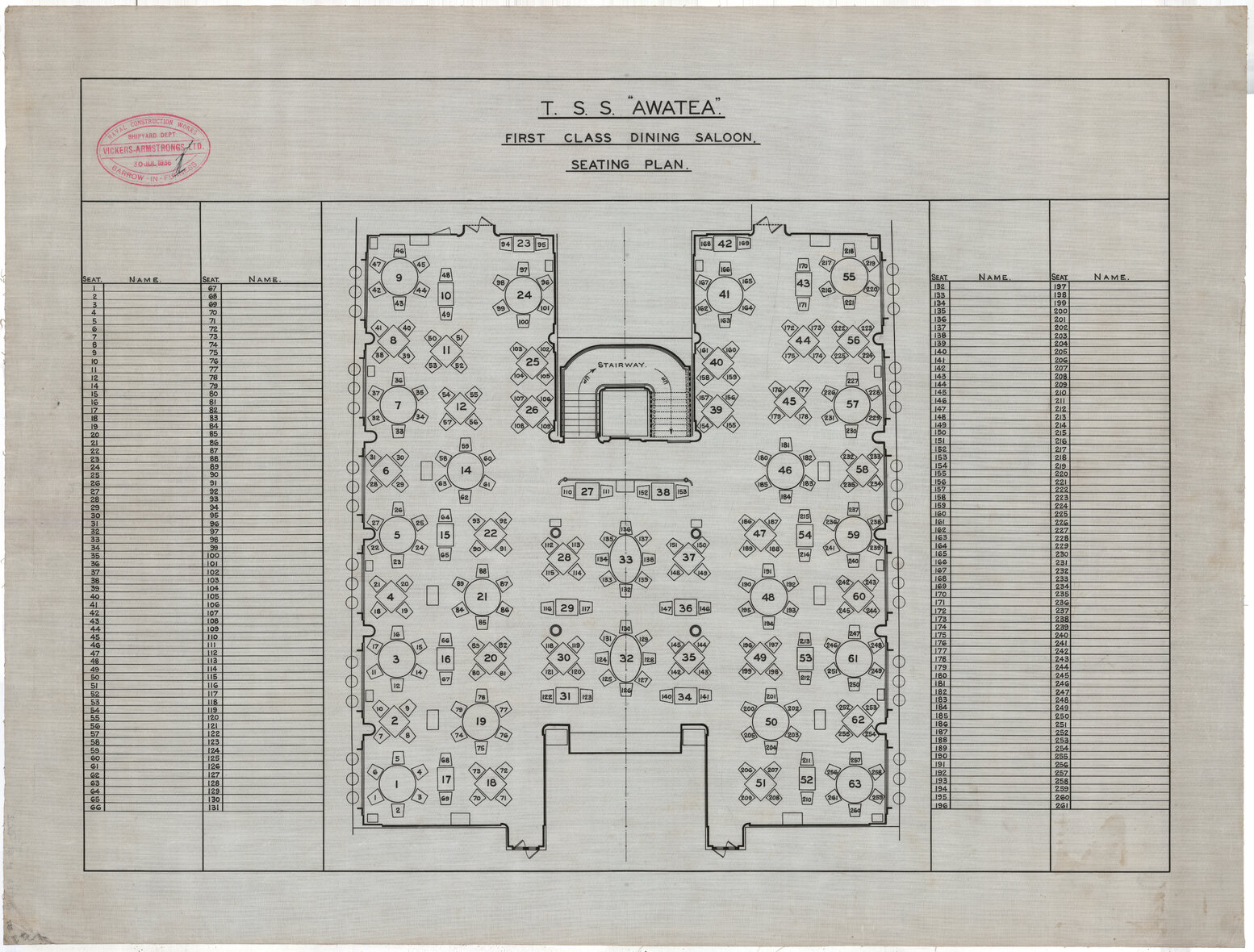 TSS Awatea, first class dining saloon seating plan
