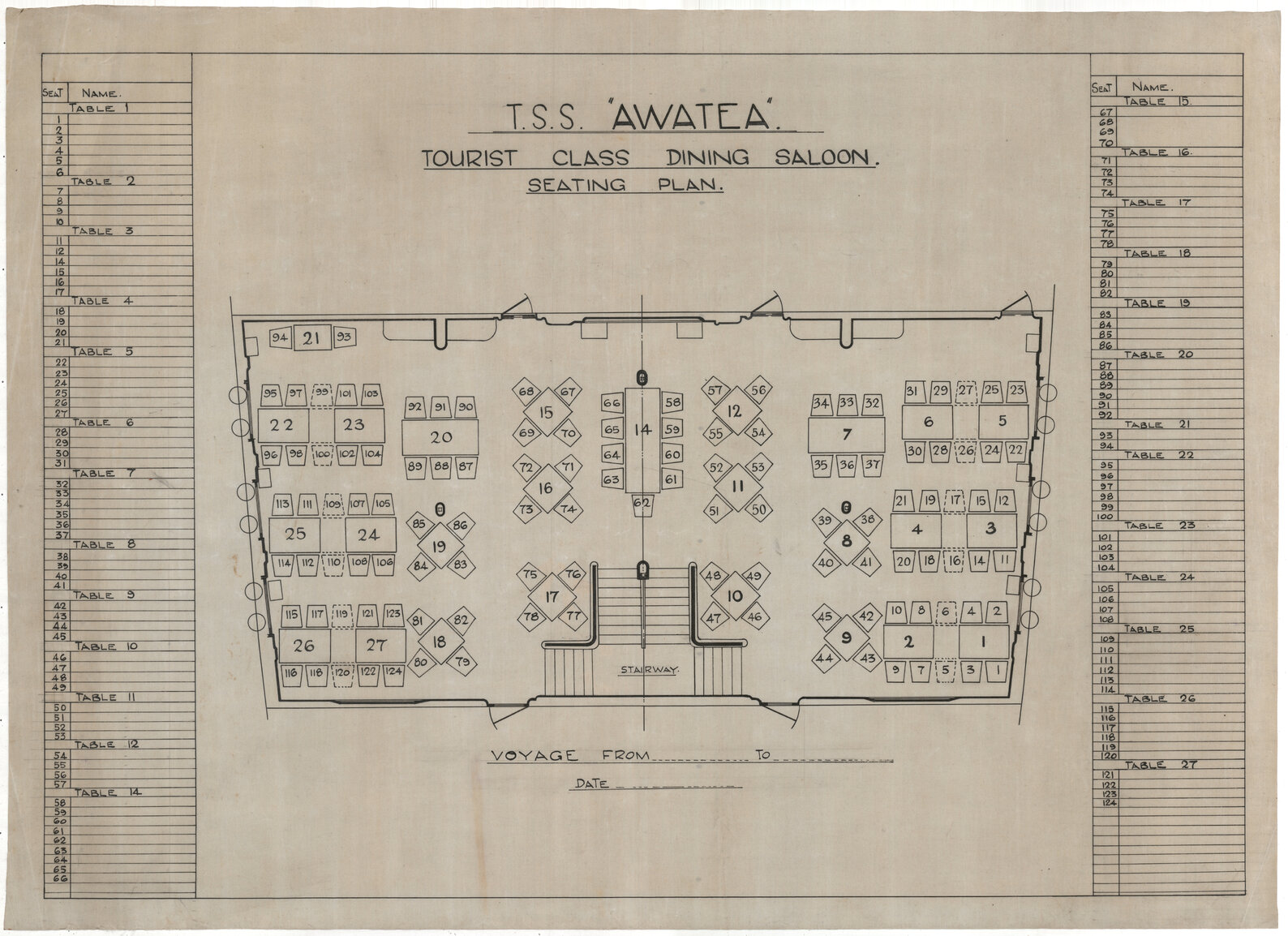 TSS Awatea,  tourist class dining saloon, seating plan