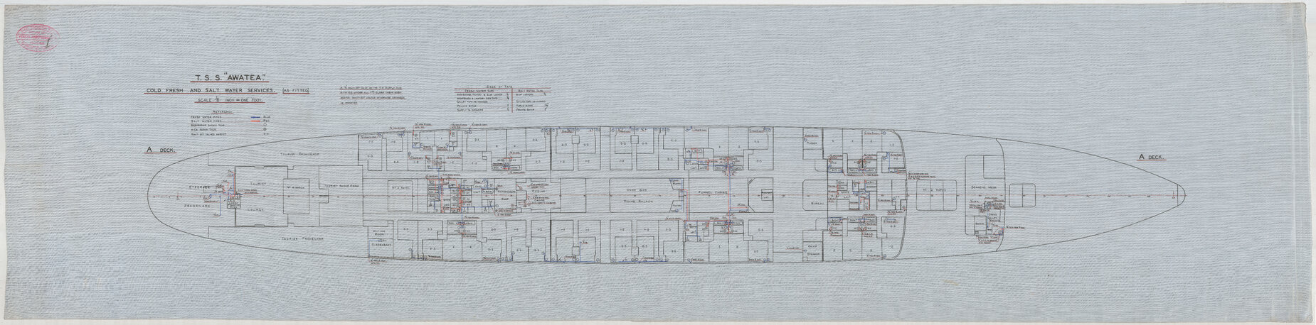 TSS Awatea, cold fresh and salt water services, as fitted, A deck