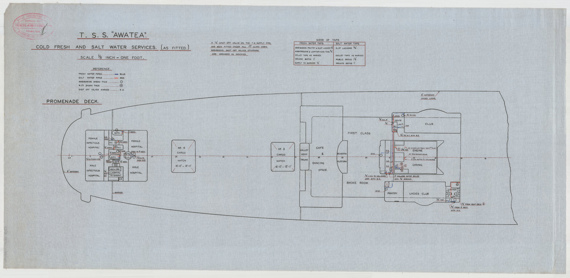 TSS Awatea, cold fresh and salt water services, as fitted, promenade deck