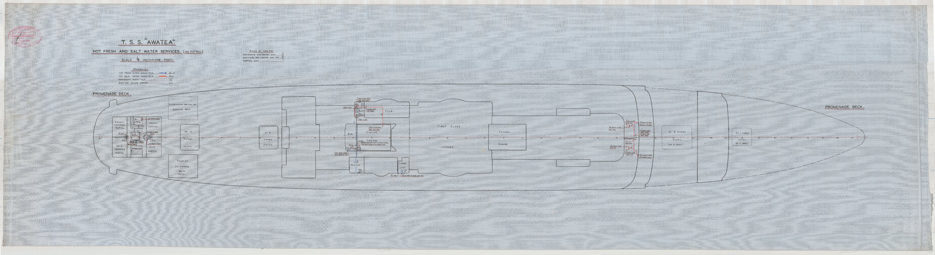 TSS Awatea, hot fresh and salt water services, promenade deck, as fitted
