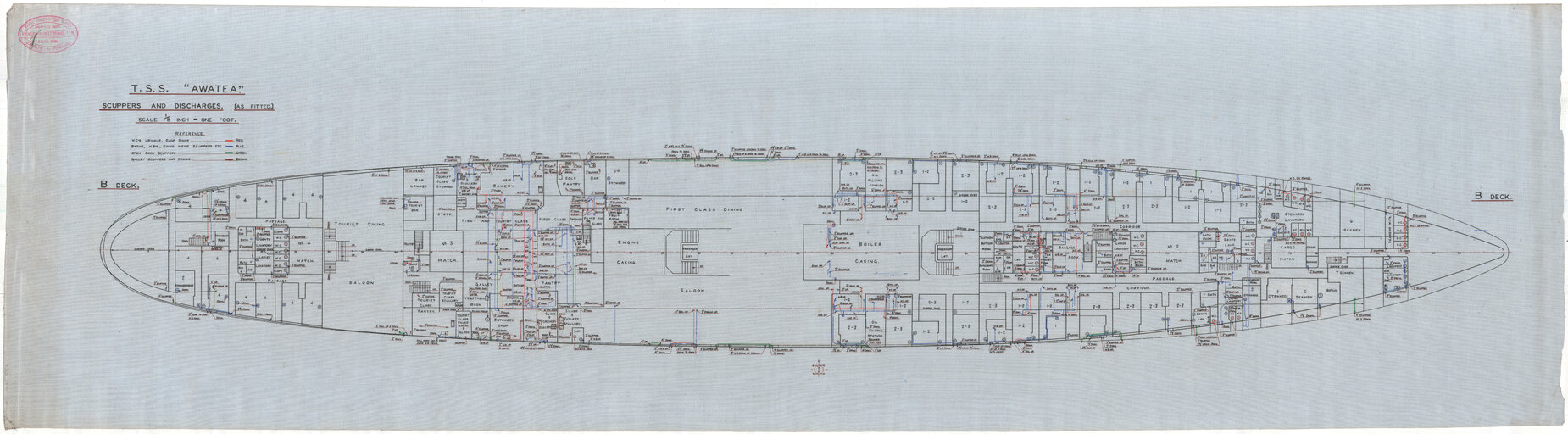 TSS Awatea, scuppers and discharges, B deck, as fitted