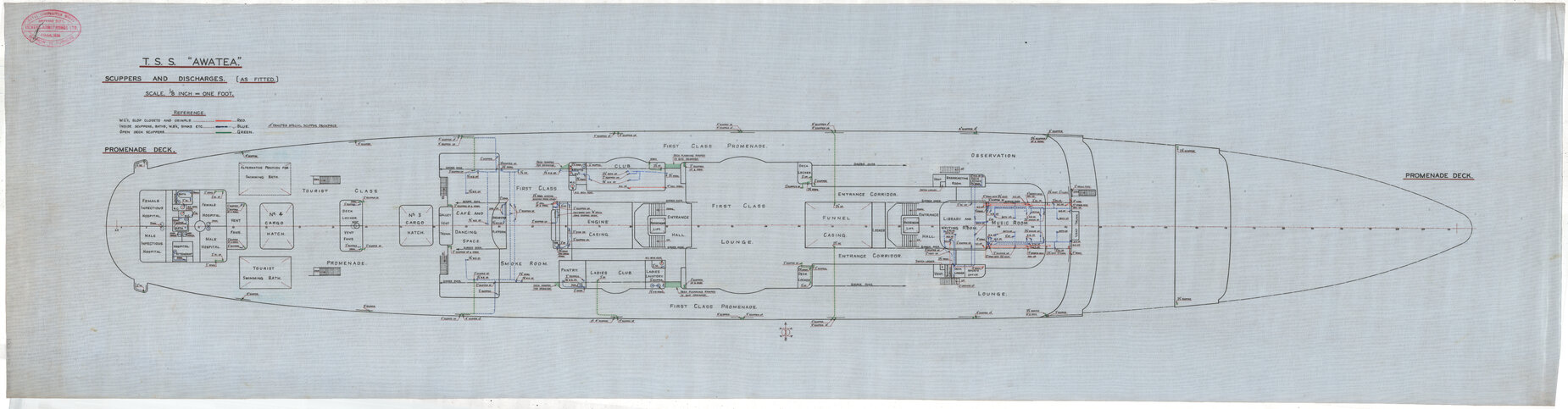 TSS Awatea, scuppers and discharges, promenade deck, as fitted