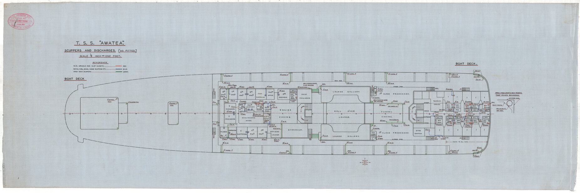 TSS Awatea, scuppers and discharges, boat deck, as fitted