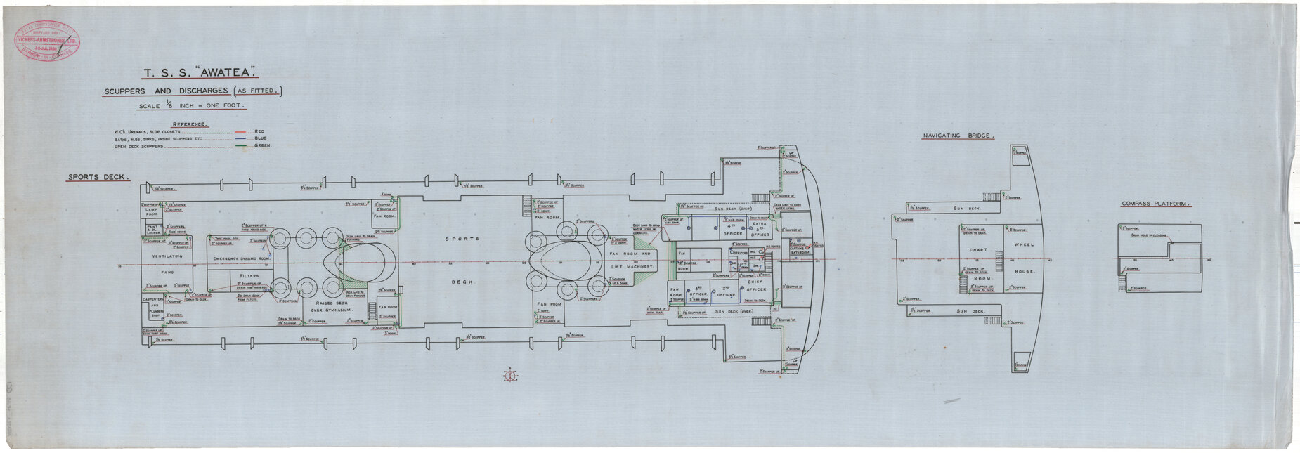 TSS Awatea, scuppers and discharges, sports deck, as fitted