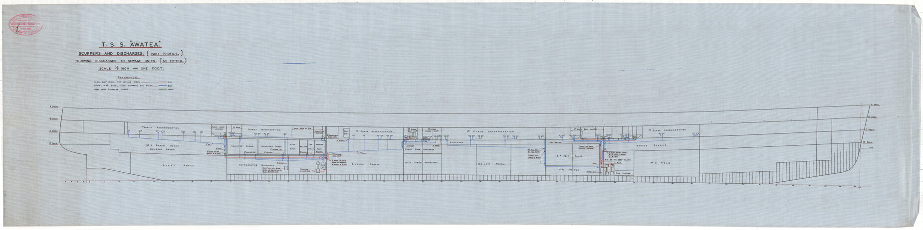 TSS Awatea, scuppers and discharges, port profile showing discharge to sewage units, as fitted