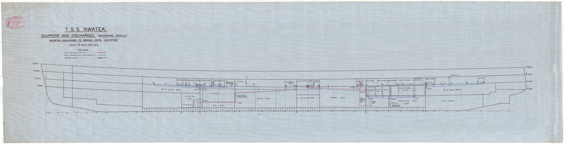 TSS Awatea, scuppers and discharges, starboard profile, showing discharges to sewage units, as fitted