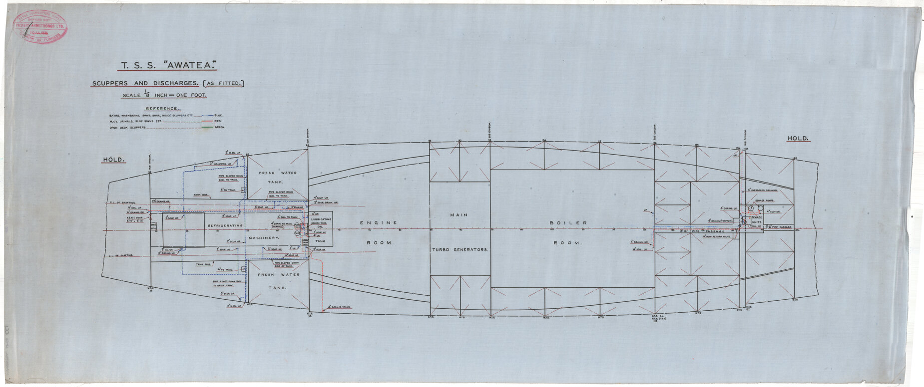 TSS Awatea, scuppers and discharges, hold, as fitted