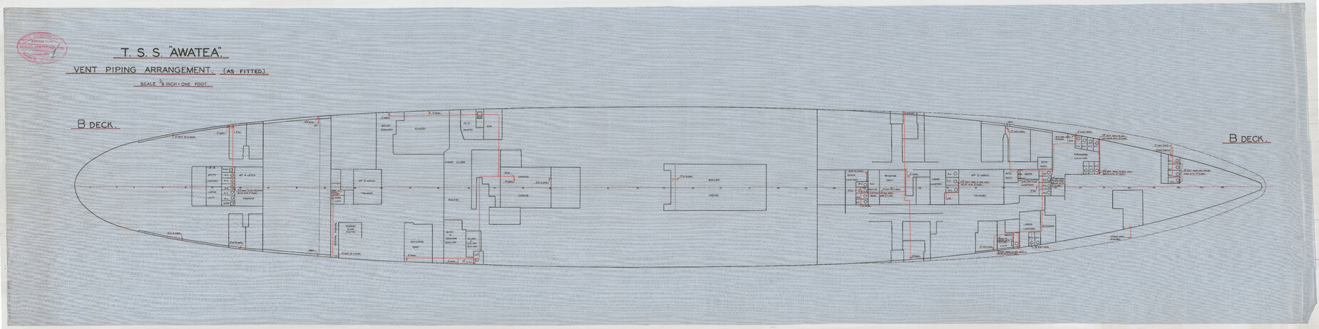 TSS Awatea, vent piping arrangement, B deck, as fitted