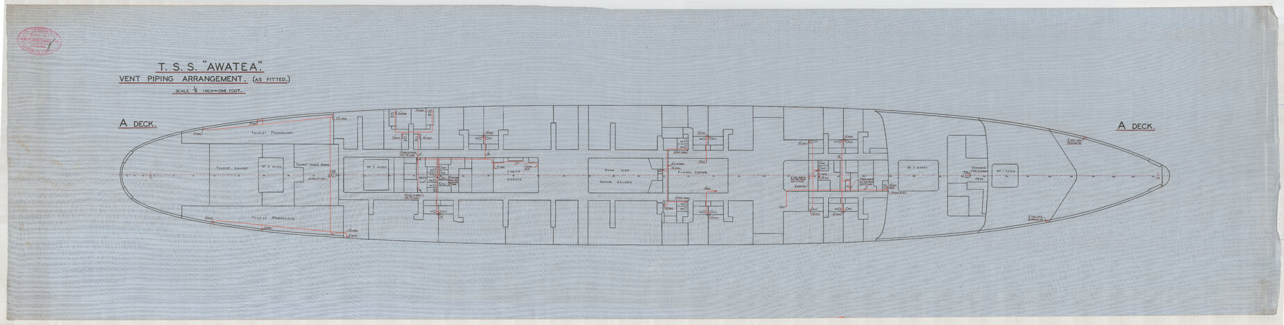 TSS Awatea, vent piping arrangement, A deck, as fitted