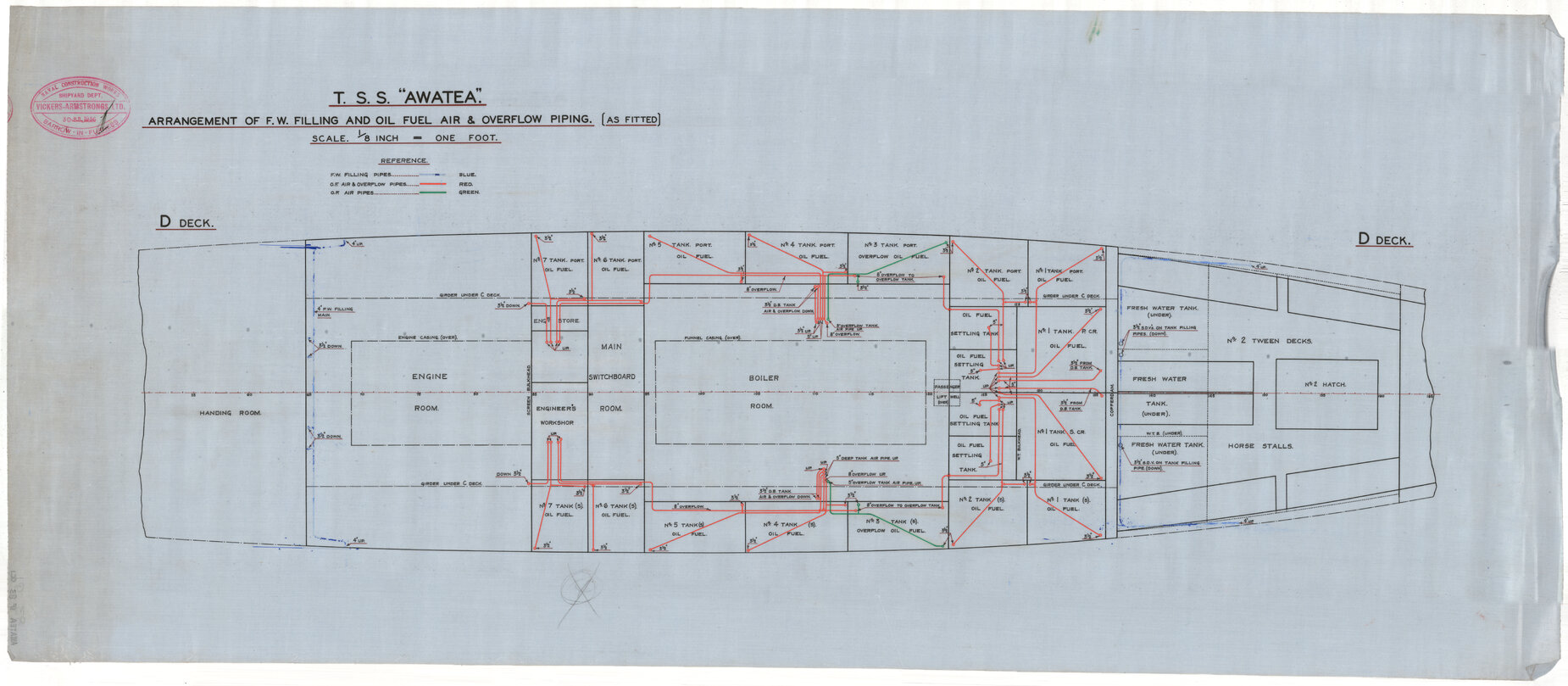 TSS Awatea, arrangement of F.W. filling and oil fuel air and overflow piping, D deck, as fitted