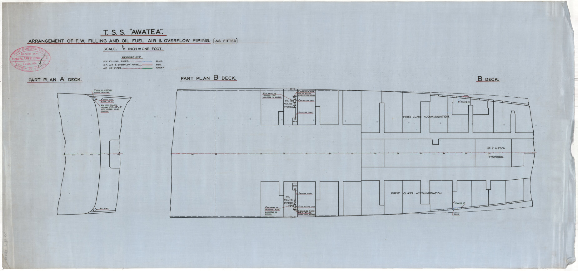 TSS Awatea, arrangement of F.W. filling and oil fuel air and overflow piping, part plan A and B decks, as fitted