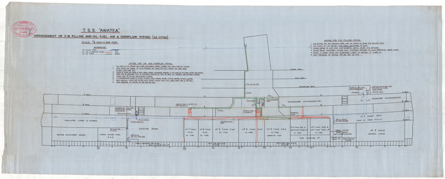 TSS Awatea, arrangement of F.W. filling and oil, fuel, air and overflow piping, as fitted