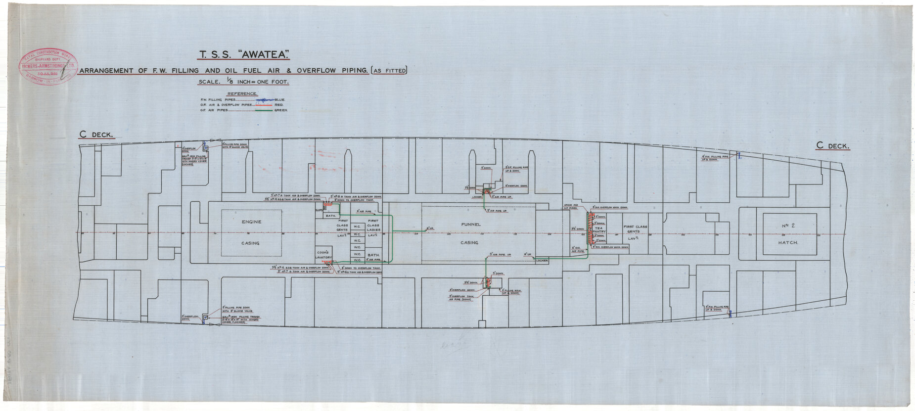 TSS Awatea, arrangement of F.W. filling and oil, fuel, air and overflow piping, as fitted, C deck