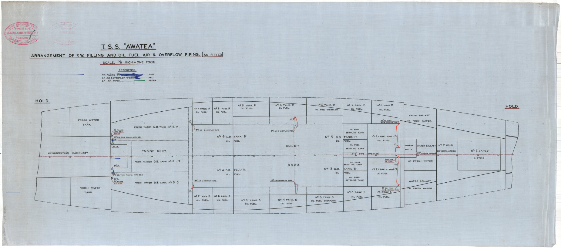TSS Awatea, arrangement of F.W. filling and oil fuel air and overflow piping, hold, as fitted