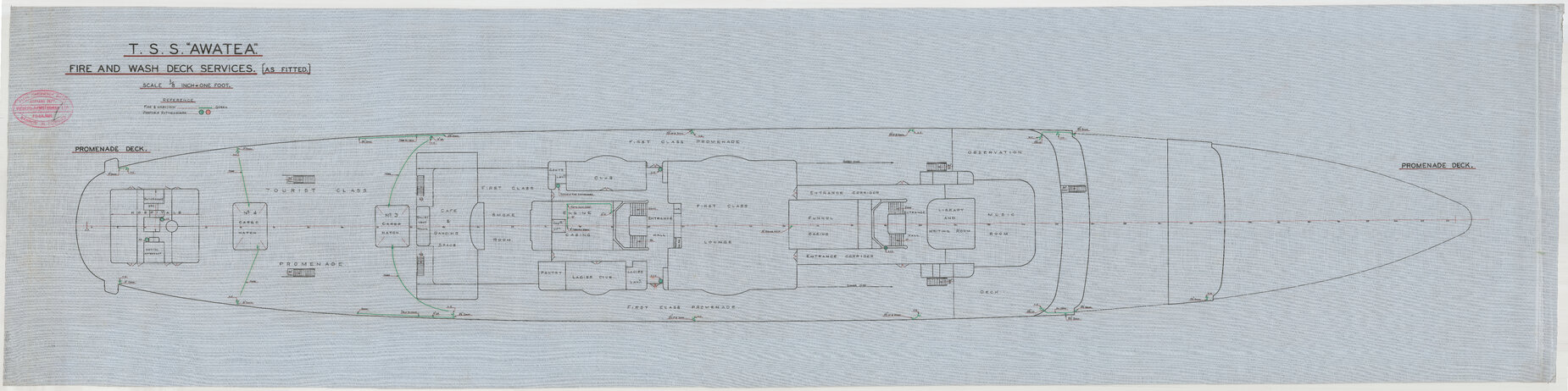 TSS Awatea, fire and wash deck services, as fitted, promenade deck