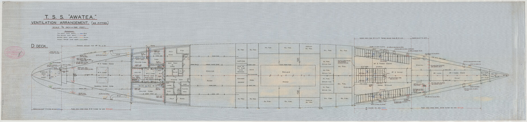 TSS Awatea, ventilation arrangement, D deck, as fitted