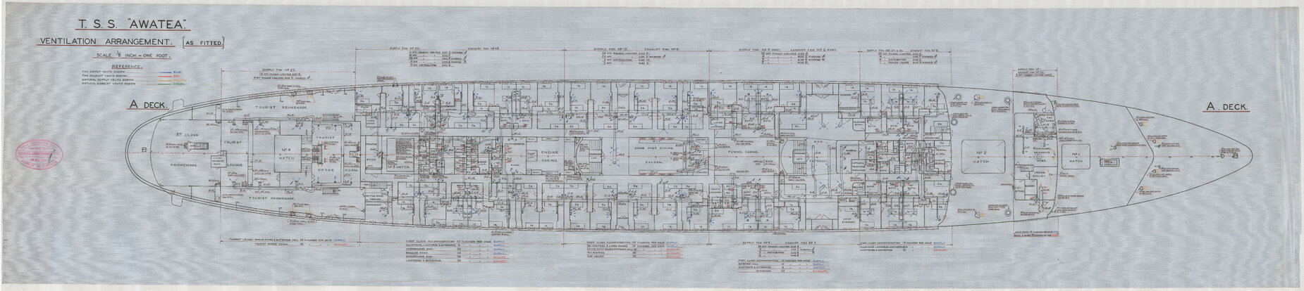 TSS Awatea, ventilation arrangement , A deck,  as fitted
