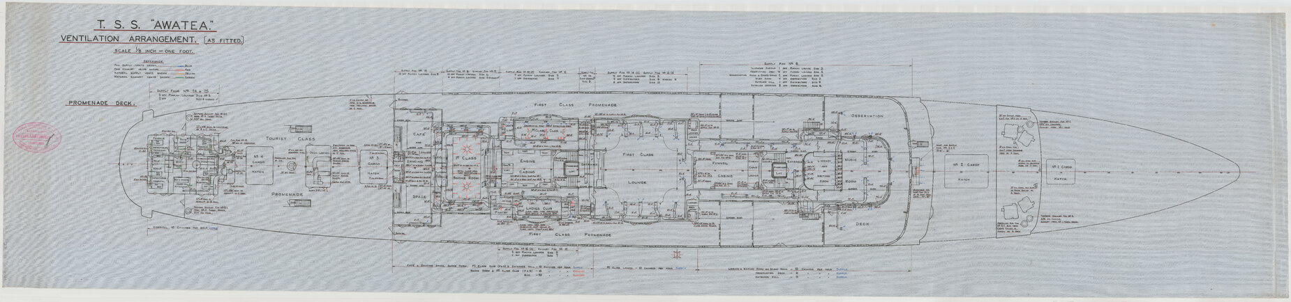 TSS Awatea, ventilation arrangement , promenade deck, as fitted