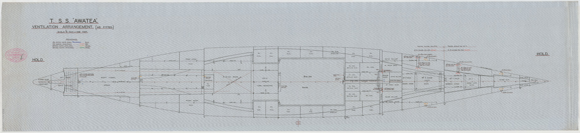 TSS Awatea, ventilation arrangement, hold, as fitted