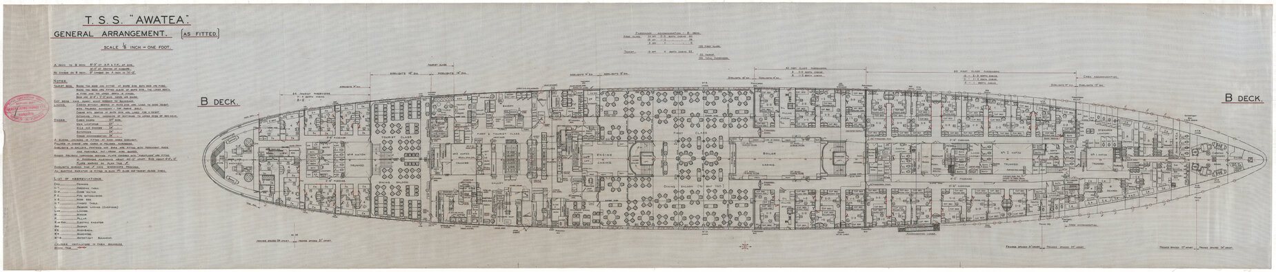 TSS Awatea, general arrangement [as fitted], B deck (amended)