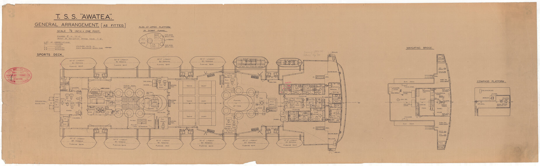 TSS Awatea, general arrangement [as fitted], sports deck, navigating deck, compass deck