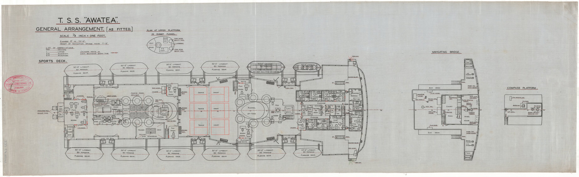 TSS Awatea, general arrangement [as fitted], sports deck, navigating deck, compass deck (with amendments)