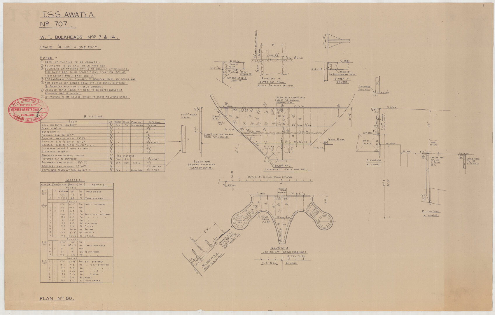 TSS Awatea,  W.T. bulkheads 7 &amp; 14