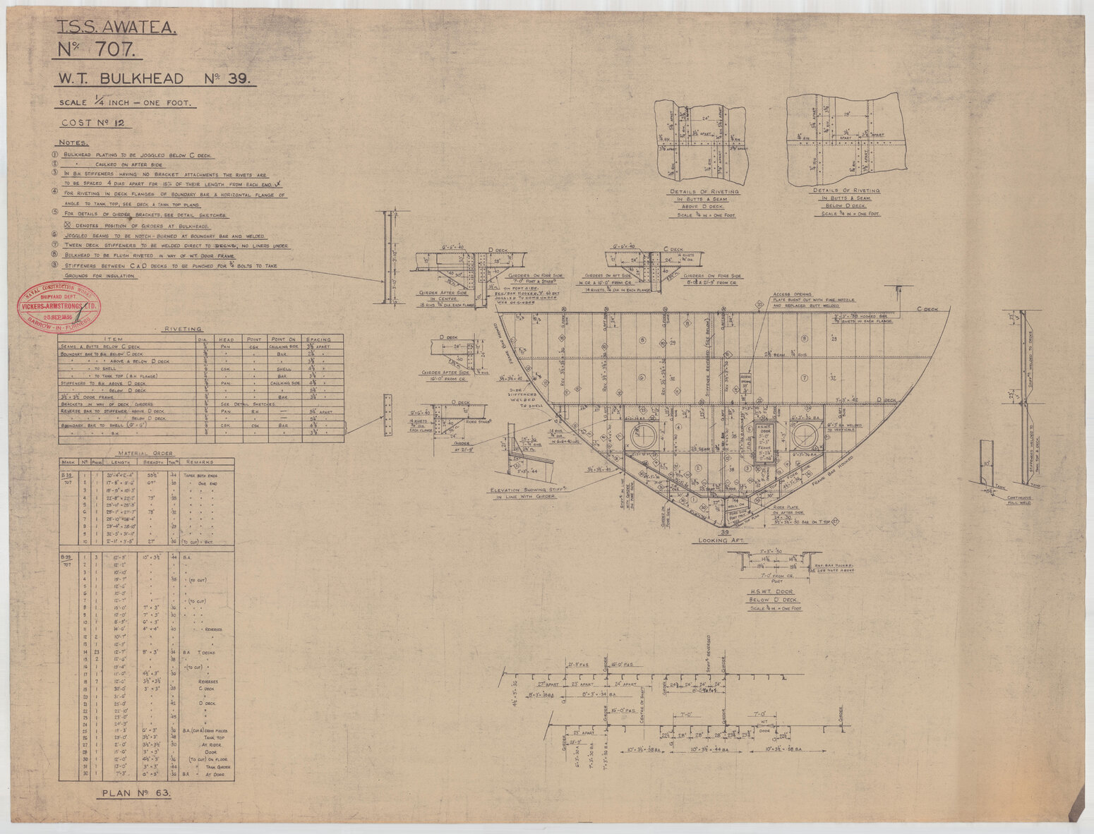 TSS Awatea,  water tight bulkhead no. 39