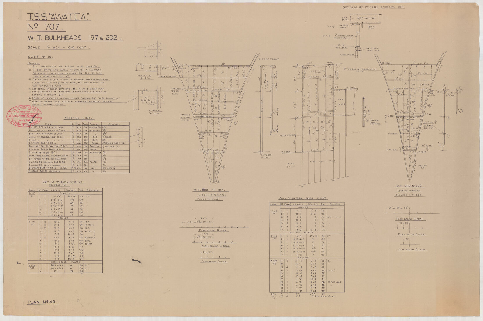 TSS Awatea, W.T. bulkheads 192 &amp; 202