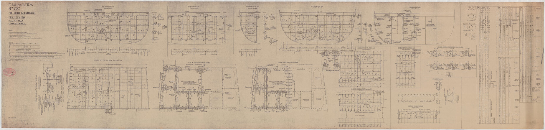 T.S.S. Awatea, oil-tight bulkheads, FRS. 122-136