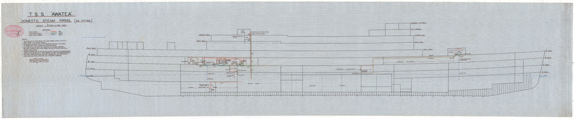 TSS Awatea, domestic steam piping, as fitted