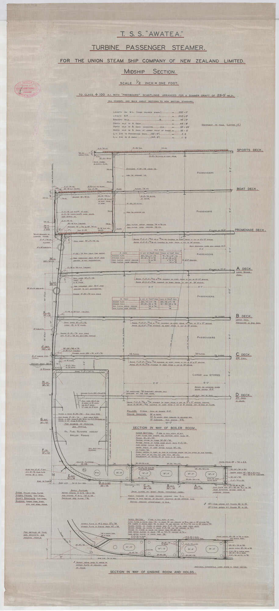 TSS Awatea, turbine passenger steamer, midship section