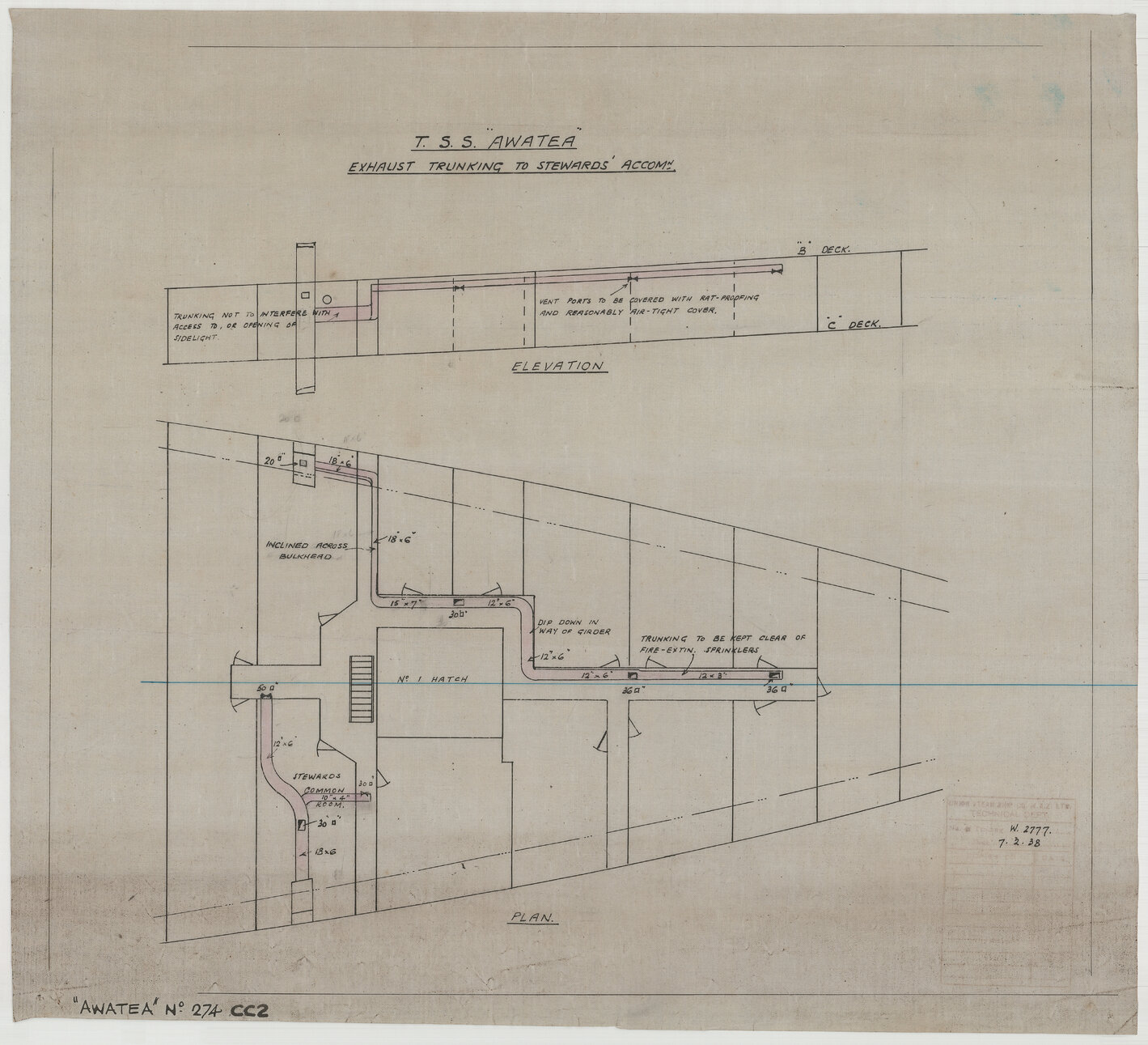 TSS Awatea, exhaust trunking to stewards accomodation