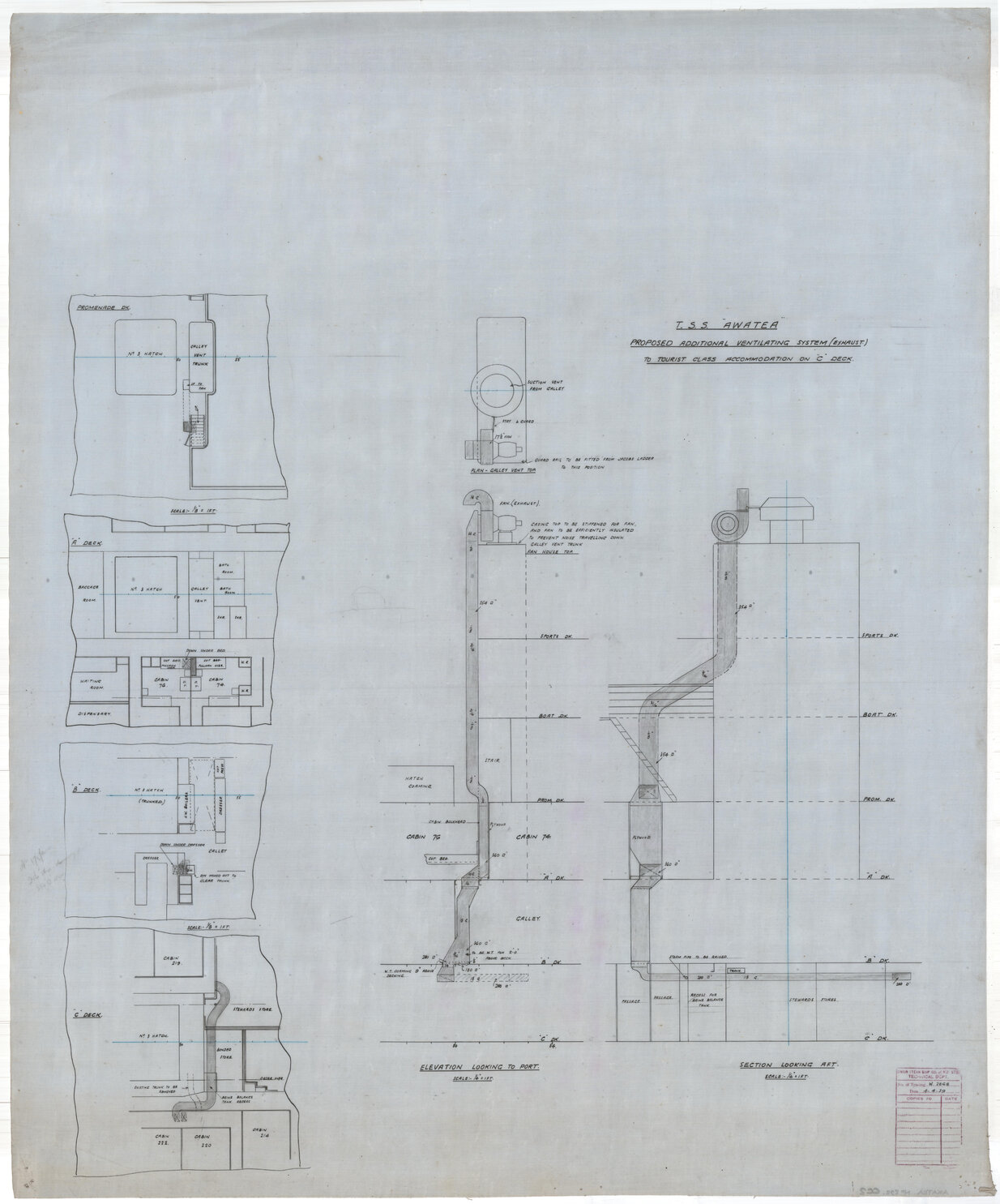 TSS Awatea, proposed additional ventilating system (exhaust) to tourist class accomodation on "c" deck