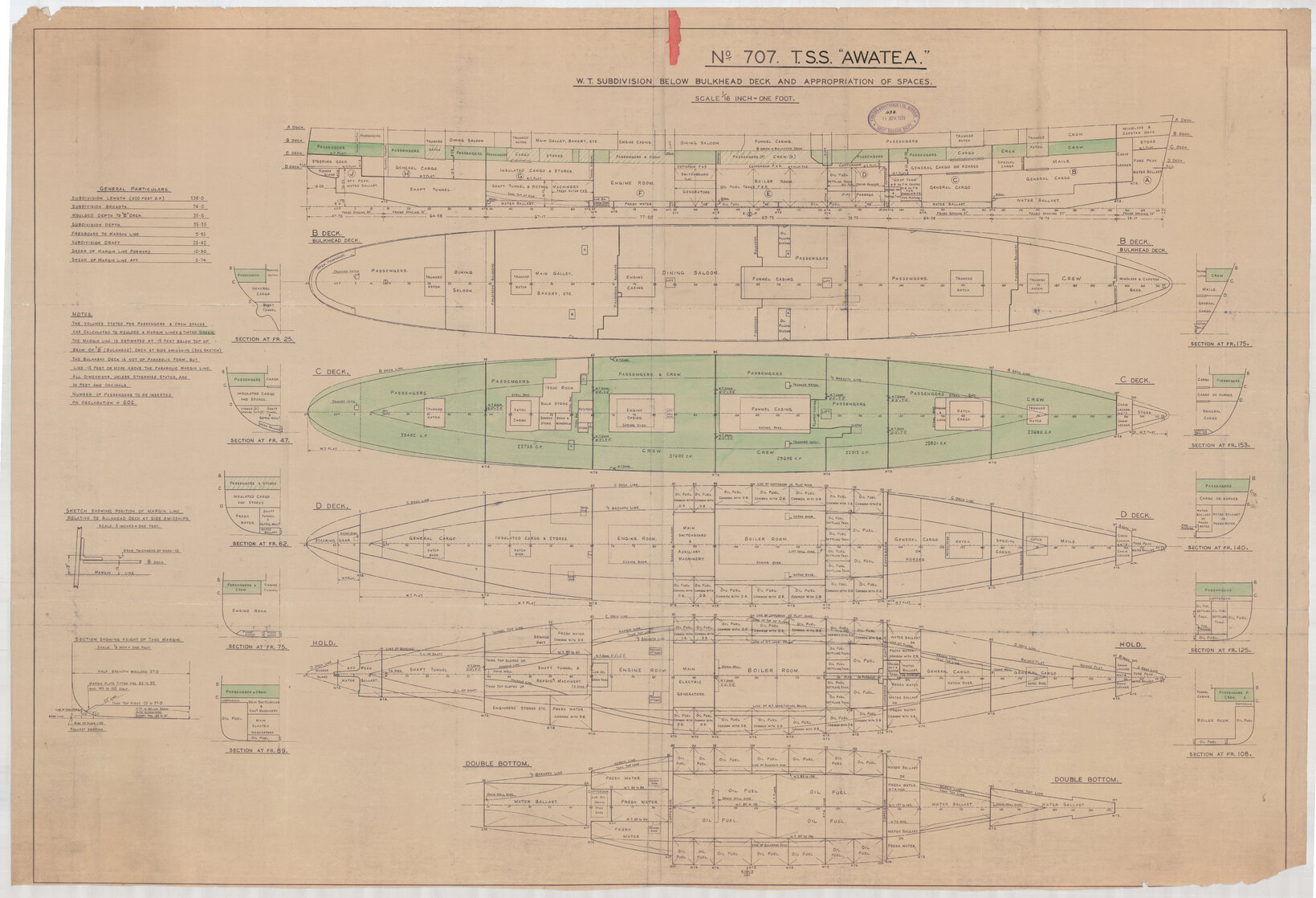TSS Awatea, W. T. subdivision below bulkhead deck and appropriation of spaces