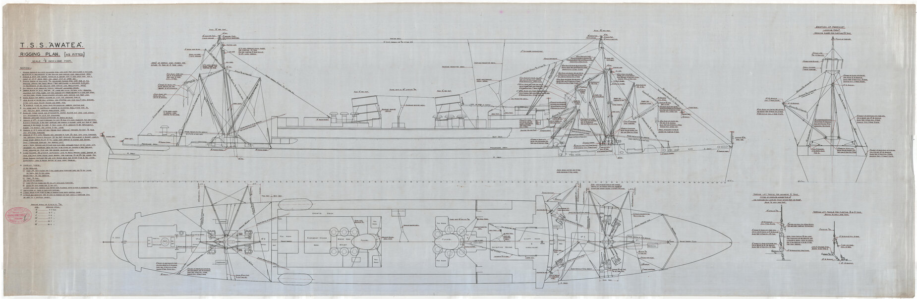 TSS Awatea, rigging plan as fitted