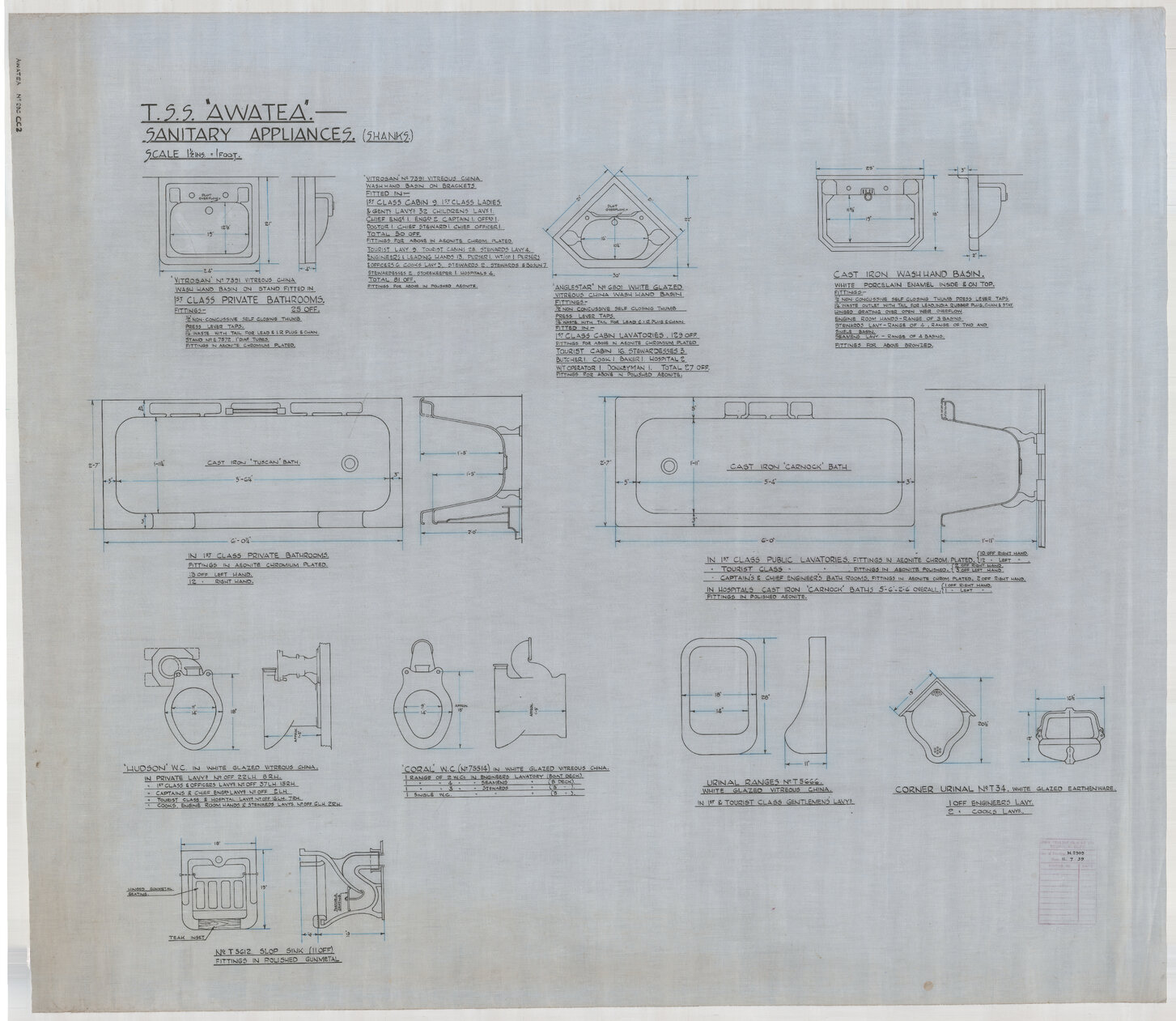 TSS Awatea, sanitary appliances, shanks