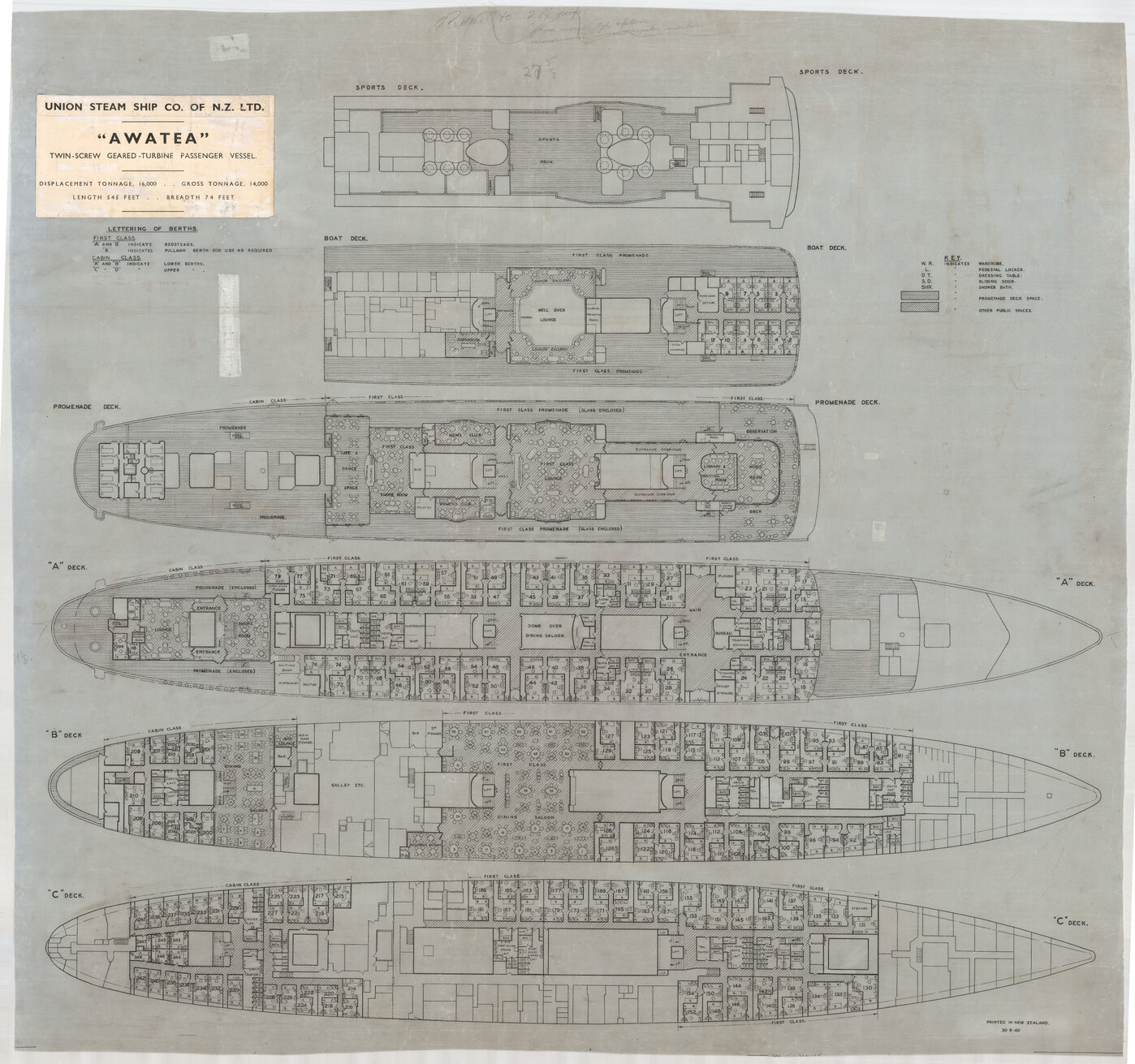 TSS Awatea, sports, boat, promenade, "A", "B", "C" decks