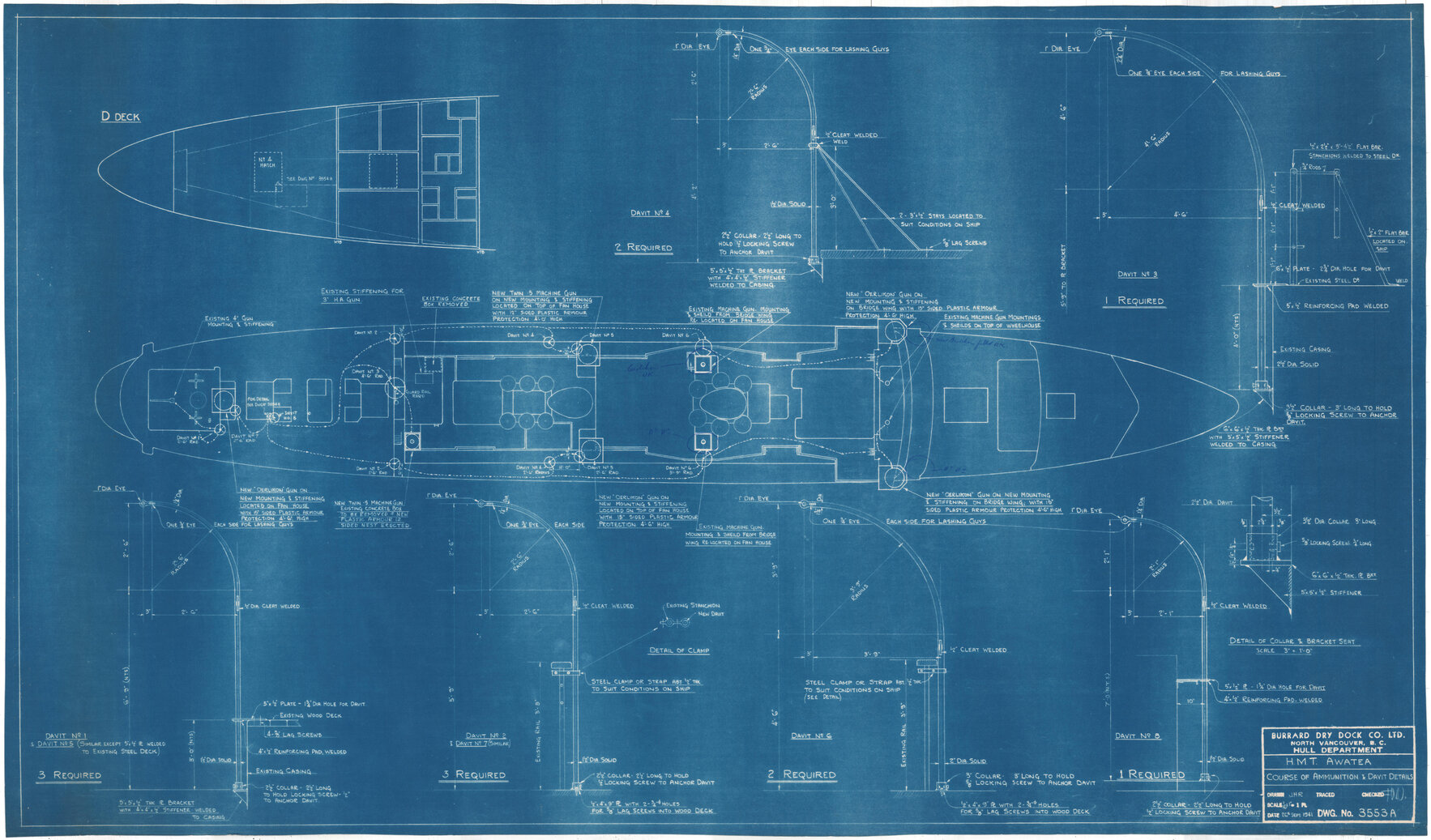 HMT Awatea, course of ammunition and davit details, D deck