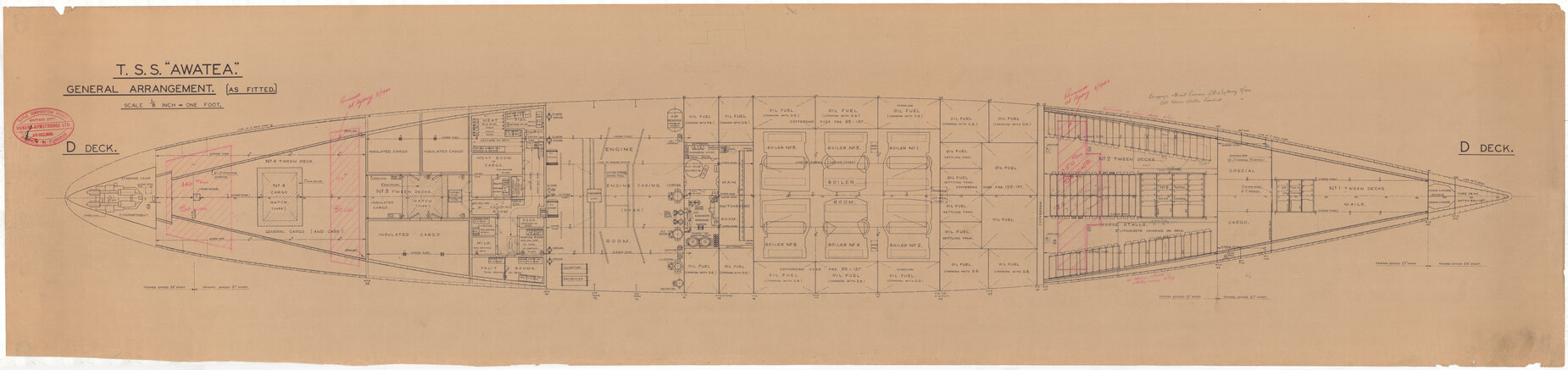 TSS Awatea, general arrangement [as fitted], D deck (annotated version)