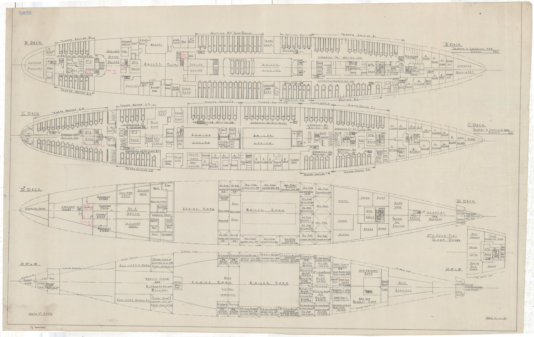 SS Awatea, B deck, C deck, D deck and hold