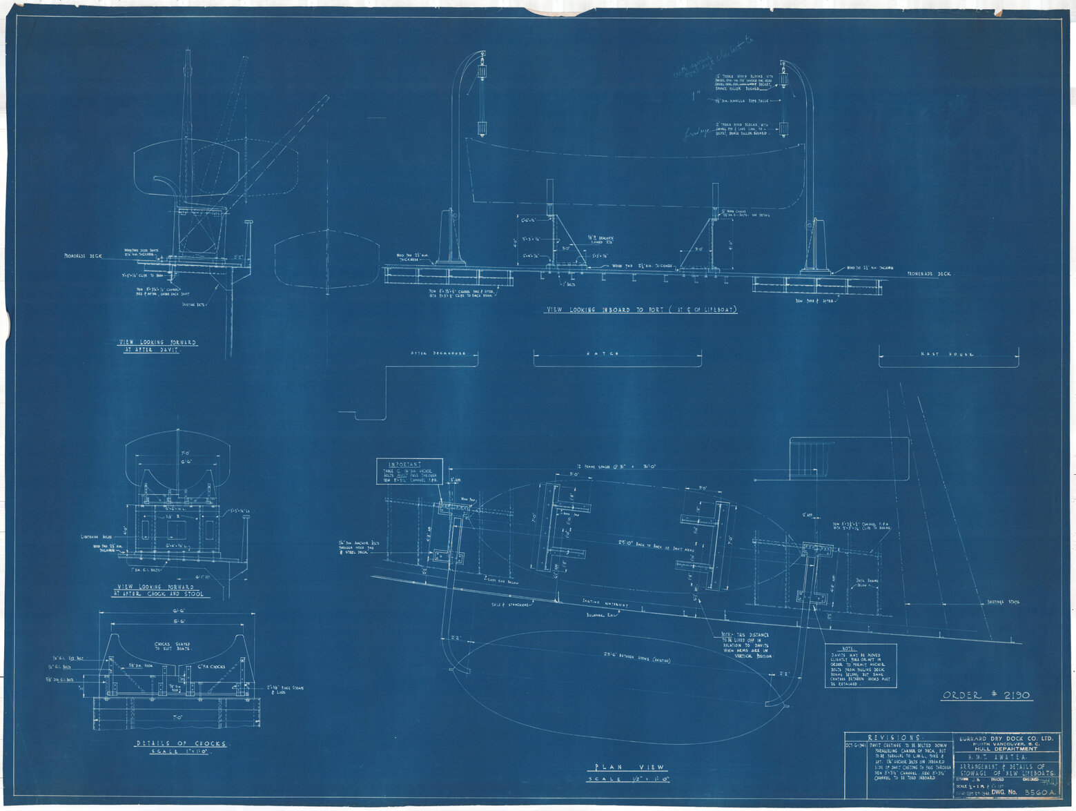 HMT Awatea, arrangement and details of stowage on new lifeboats