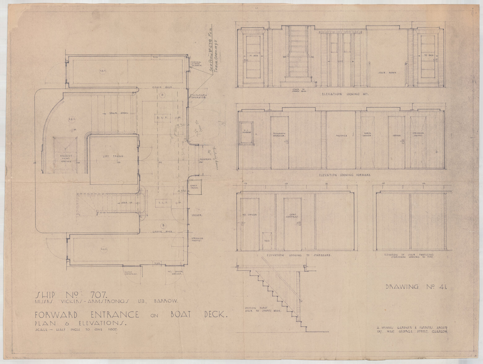 [TSS Awatea], forward entrance on boat deck, plan and elevations