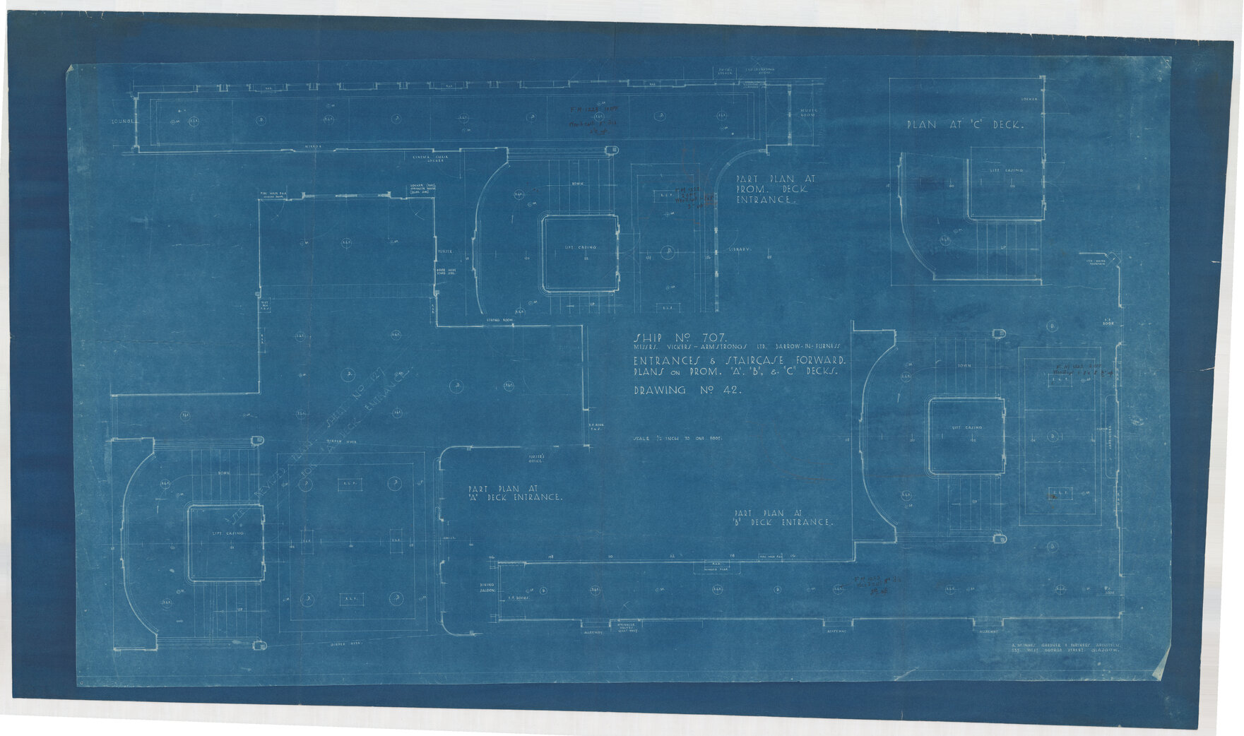 [TSS] Awatea, entrances and staircase forward plans on promenade "A" "B" and "C" decks