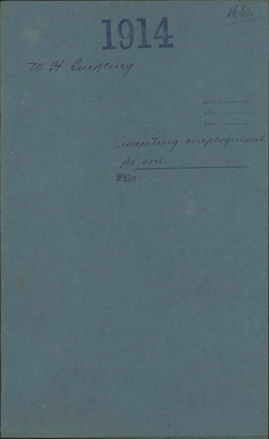 Wanting employment for son - W H Suckling